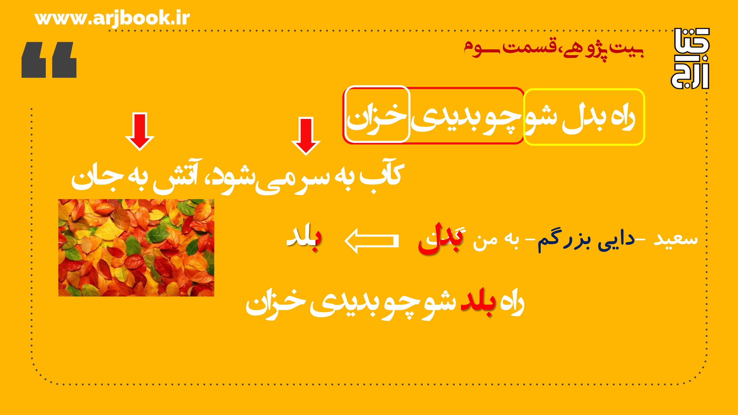 دربارۀ این مقاله بیشتر بخوانید کلیپ بیت پژوهی، قسمت سوم، به روایت محمد حسن ارجمندی، بیتی از نظامی(راه بدل)