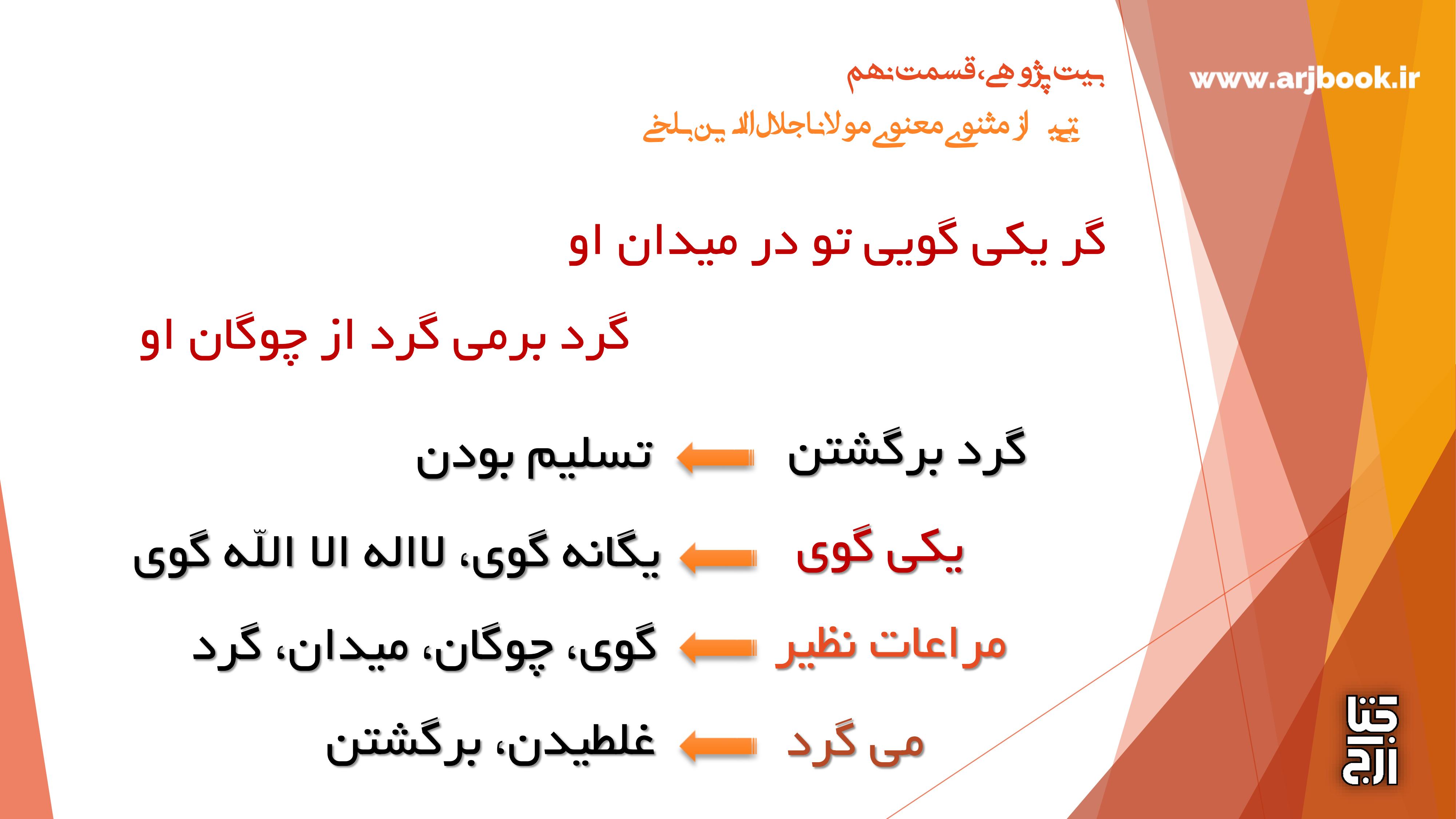 دربارۀ این مقاله بیشتر بخوانید کلیپ بیت پژوهی، قسمت نهم، به روایت محمد حسن ارجمندی، بیتی از مثنوی معنوی(گوی)